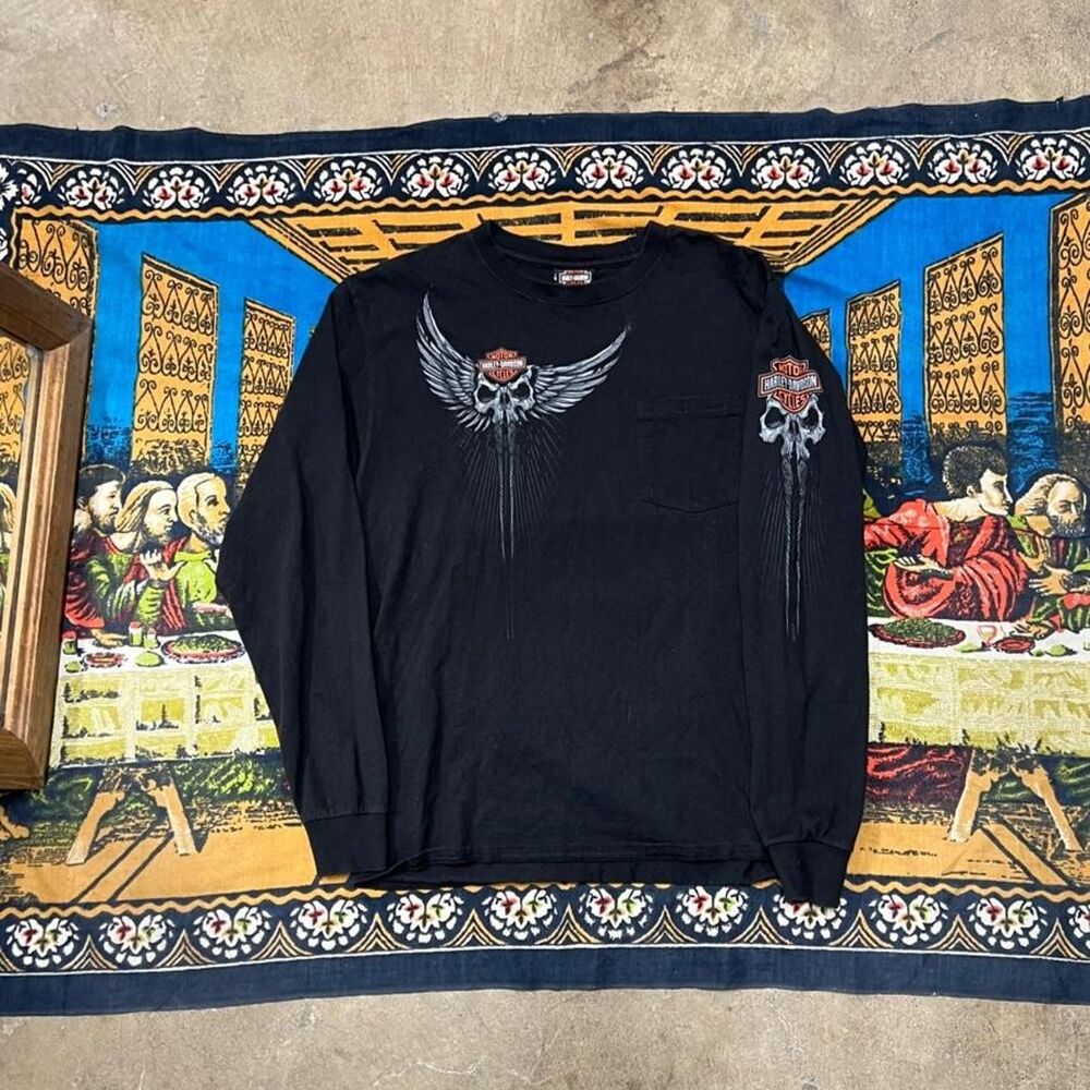 vintage Black Harley Davidson skull long sleeve tshirt Size medium 90s americana